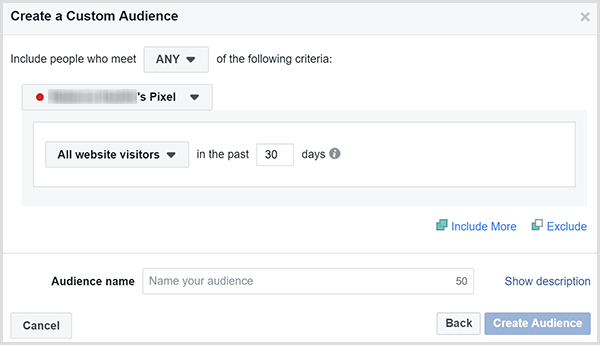 El cuadro de diálogo Crear una audiencia personalizada de Facebook tiene una opción para orientar anuncios a todos los visitantes del sitio web dentro de un cierto número de días.