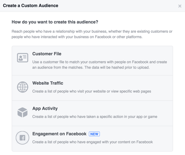 Elija cómo desea crear su audiencia personalizada de Facebook.