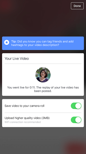 Opción de video en vivo de perfil de Facebook para guardar video