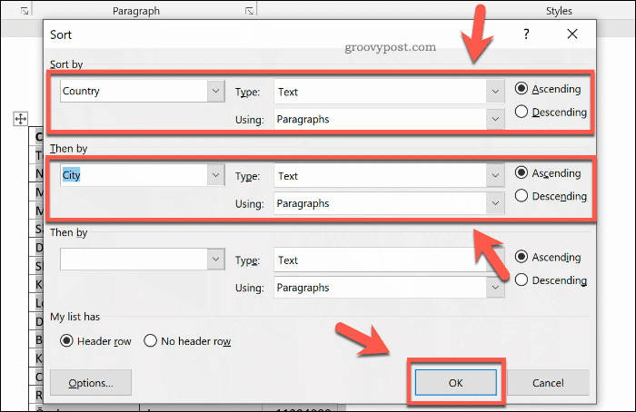 Opciones para ordenar una tabla en Word