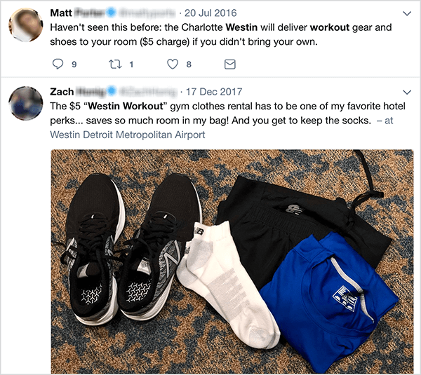 Esta es una captura de pantalla de tweets sobre el programa de alquiler de ropa deportiva de Westin. Jay Baer dice que el programa de alquiler es un ejemplo de un disparador de conversación.