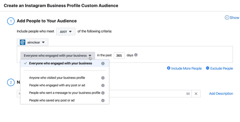 Crear una ventana de audiencia personalizada de perfil comercial de Instagram