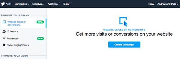Seleccione la opción Clics o conversiones del sitio web para configurar su anuncio de Twitter.