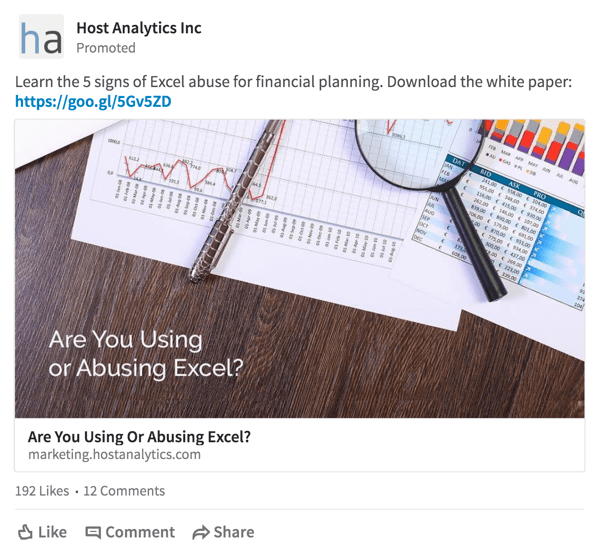 Host Analytics ofrece una oferta de descarga de informes técnicos a una audiencia específica en LinkedIn.