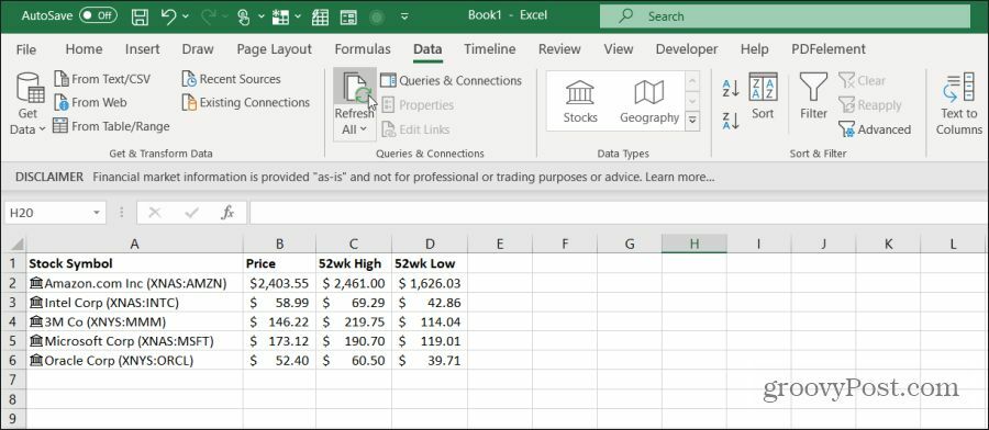 Actualización de datos de stock en Excel