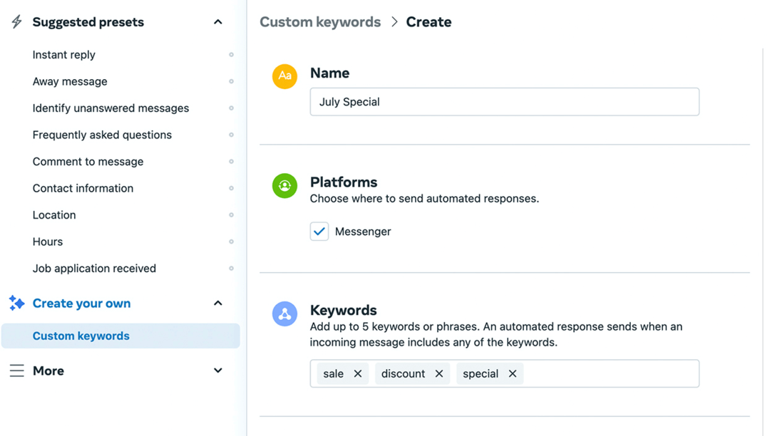 imagen de la pantalla de configuración de palabras clave personalizadas en Meta Business Suite