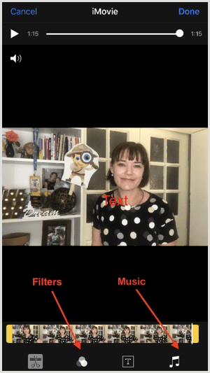 Toque las herramientas en la parte inferior de la pantalla para agregar filtros y música en iMovie.