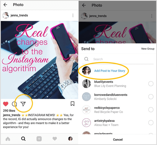 Busque la opción Agregar publicación a su historia para ver si tiene acceso a la función de compartir de Instagram.