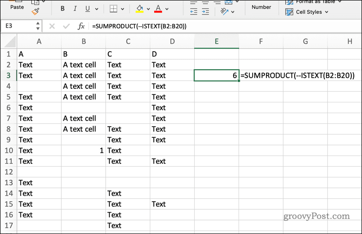 Usando SUMPRODUCT con ISTEXT en Excel