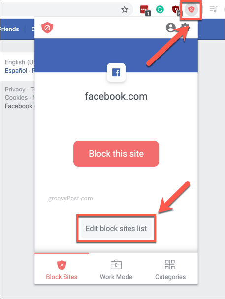 La extensión Chrome BlockSite Editar la opción de lista de sitios de bloqueo