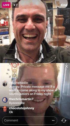 Tener un invitado en su video en vivo de Instagram divide la pantalla en dos cuadrados con el anfitrión en la pantalla de video superior.