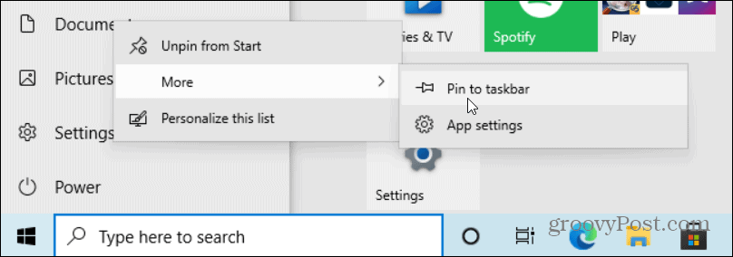 fijar la configuración a la barra de tareas de Windows 10