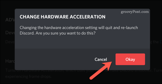 Confirmando un cambio en la configuración de aceleración de hardware de Discord