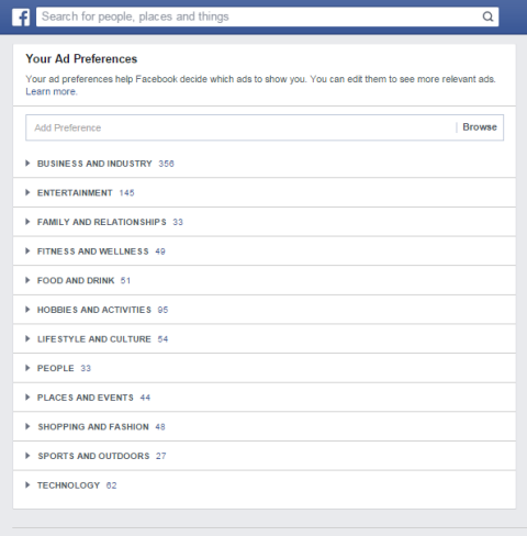 categorías de preferencias de anuncios de Facebook