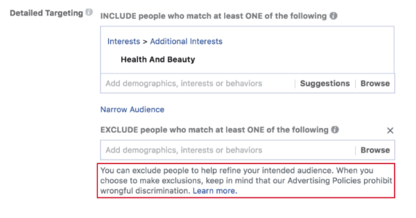 Facebook lanzó nuevas indicaciones que recuerdan a los anunciantes sobre las políticas de lucha contra la discriminación de Facebook antes de crear una campaña publicitaria y cuando utilizan sus herramientas de exclusión.