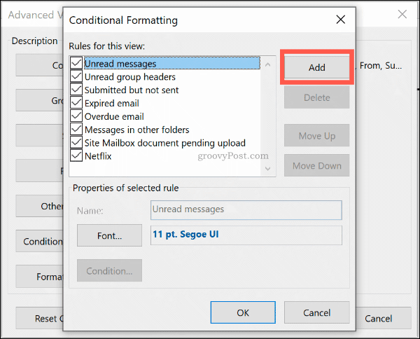 Haga clic en Agregar para agregar una nueva regla de formato condicional en Outlook