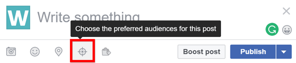 Para ver si la optimización de audiencia está habilitada para su página de Facebook, busque el icono de orientación cuando cree una nueva publicación.
