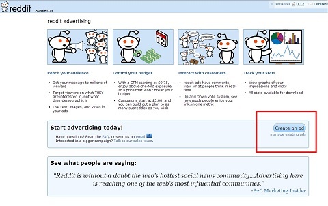 página de publicidad de reddit