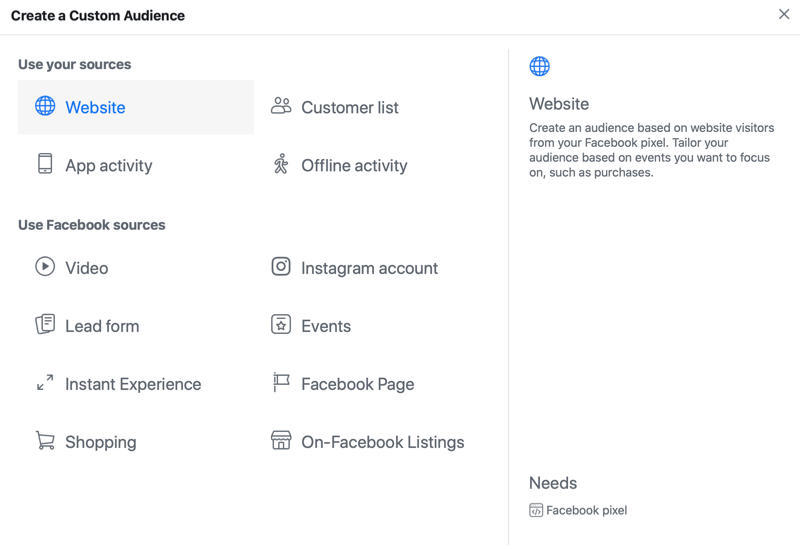 Opciones de menú de audiencia personalizada de anuncios de Facebook con la opción de fuente del sitio web seleccionada