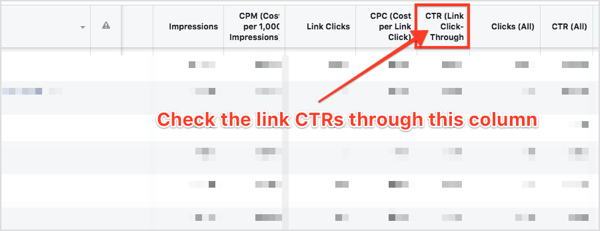 En la sección Conjuntos de anuncios de su panel, desplácese hacia la derecha y busque la columna CTR (clic de enlace de enlace).