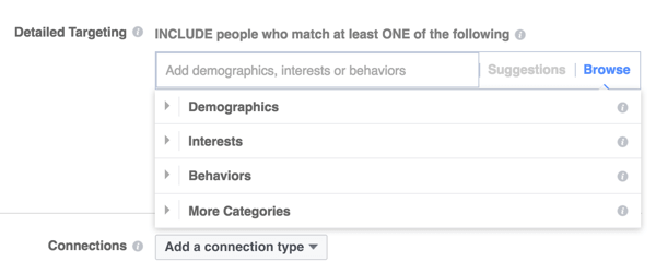 Facebook ofrece tres categorías principales de orientación.