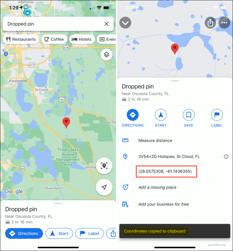 Pin eliminado de iPhone en Google Maps