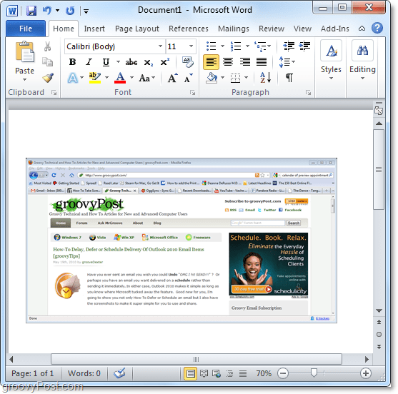 usando una ventana disponible para una captura de pantalla en Office 2010