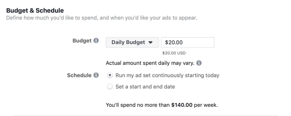 Administrador de anuncios de Facebook, sección de presupuesto y programación para el conjunto de anuncios