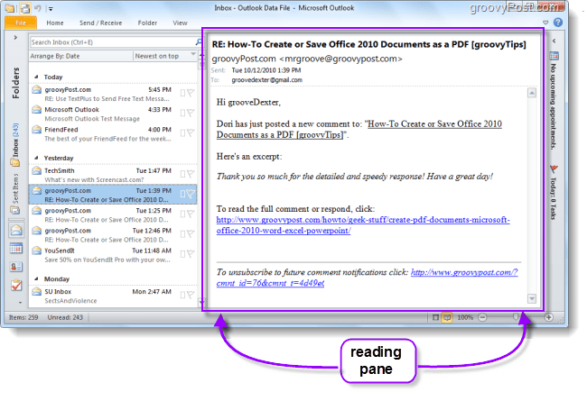 Cómo cambiar la ubicación predeterminada del panel de lectura en Outlook 2010 y hacer que los correos electrónicos sean más fáciles de leer