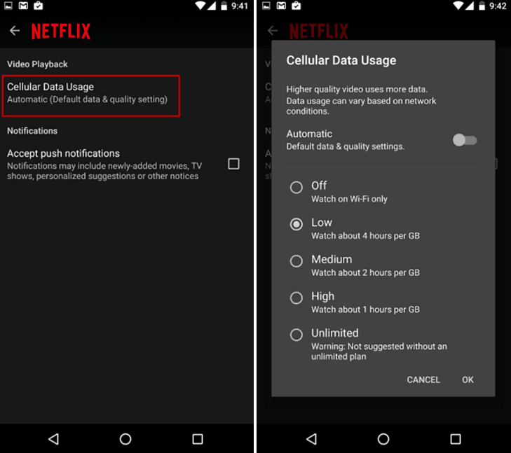 Limite el uso de datos de Netflix en Android o iPhone para evitar tarifas excesivas