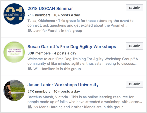 ejemplos de grupos de Facebook para asistentes a eventos