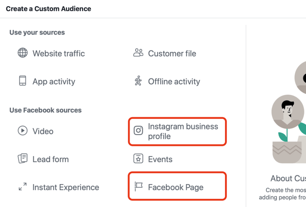 Utilice los anuncios de Facebook para publicitar a las personas que visitan su página de Facebook o Instagram, Paso 1.