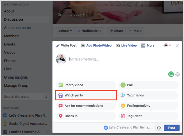 Cree una nueva publicación de grupo de Facebook y seleccione la opción Ver fiesta.