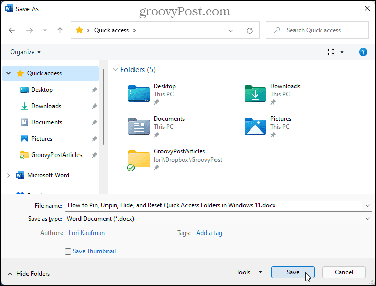 Cuadro de diálogo Guardar como en Word con acceso rápido