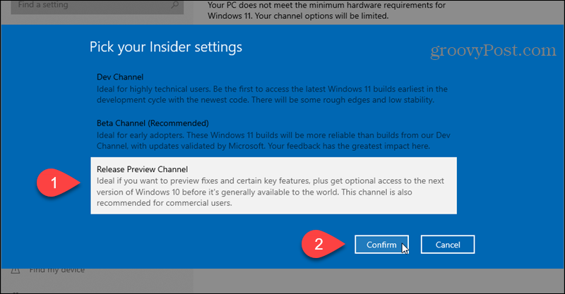 Seleccione el canal de vista previa de la versión para el programa Windows Insider