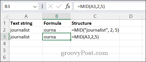 Usando la función MID en Excel