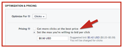 opciones de precios de anuncios de facebook