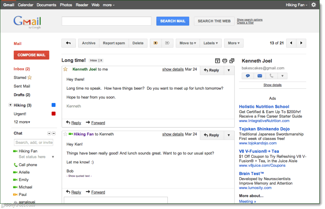 Tema de conversación de vista previa de Gmail
