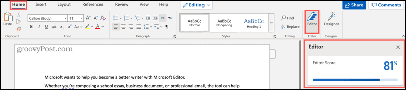 Botón y barra lateral de Microsoft Editor en Word en línea