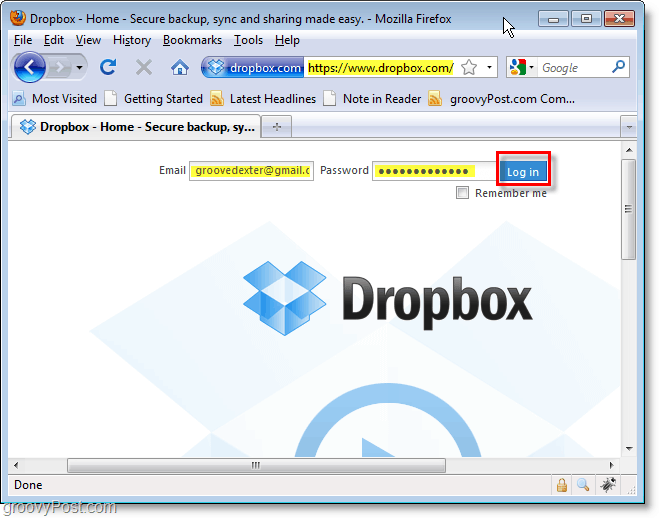 Captura de pantalla de Dropbox: inicie sesión en Dropbox