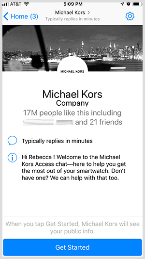 Para optar por un bot de Messenger como el de Michael Kors, los usuarios hacen clic en el botón Comenzar.