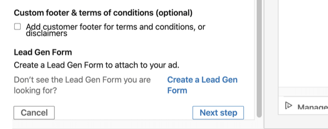 Opción de formulario de generación de clientes potenciales en la sección Información básica de la configuración de anuncios de conversación de LinkedIn