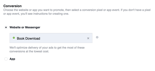 Cuando cree su anuncio de Facebook, seleccione el objetivo de conversión y elija la conversión personalizada que acaba de crear.