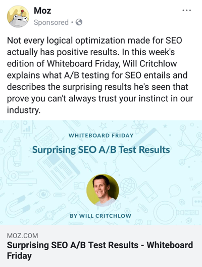 Técnicas publicitarias de Facebook que ofrecen resultados, por ejemplo, Moz ofrece contenido de investigación de marca.