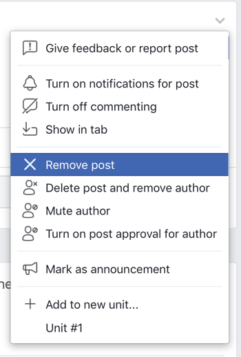 Cómo mejorar la comunidad de tu grupo de Facebook, opción de menú de Facebook para eliminar una publicación de tu grupo