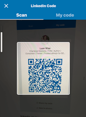 Pantalla de código en la aplicación móvil de LinkedIn
