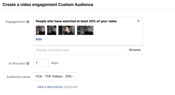 Cree la audiencia personalizada de Facebook de espectadores de video, paso 2.