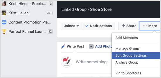 Configuración de edición de grupo de Facebook