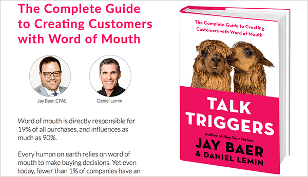 Esta es una captura de pantalla del sitio web de Talk Triggers. A la izquierda hay un texto sobre el libro y fotos de Jay Baer y Daniel Lemin. A la derecha está la portada del libro de Talk Triggers.