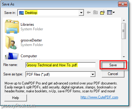 elija una ubicación para guardar el archivo PDF para su PDF recién creado a través de cutePDF en Windows